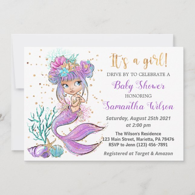 Invitation Mignonne Sirène Sous L'Invitation Du Baby shower D (Devant)