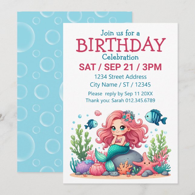 Invitation Mignonne Sirène Whimsical Et Les Amis Du Poisson S (Devant / Derrière)