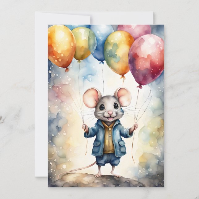 Invitation Mignonne souris avec ballons colorés, personnalisé (Devant)