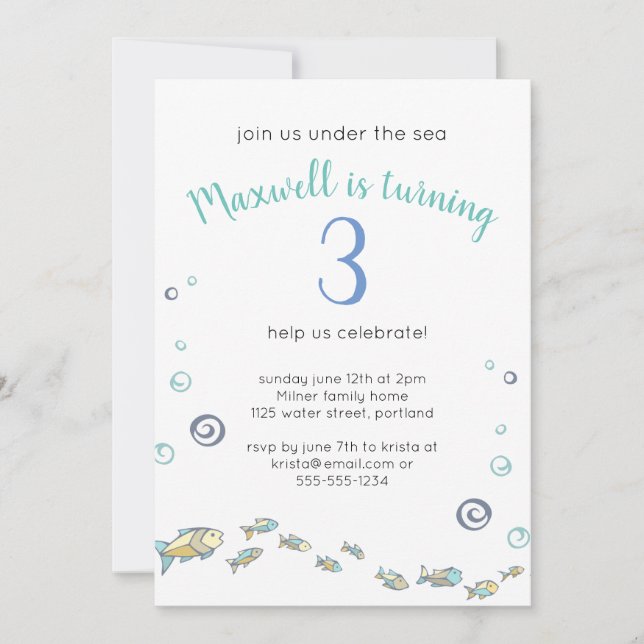 Invitation Mignonne Sous La Mer Tournant 3 Océan Anniversaire (Devant)
