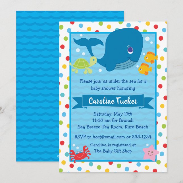Invitation Mignonne sous le Baby shower océanique des baleine (Devant / Derrière)