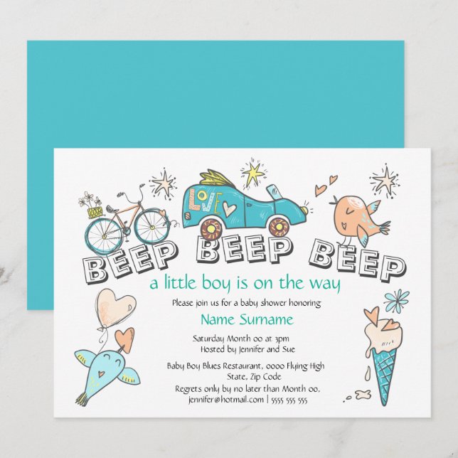 Invitation Mignonne voiture baby shower voyage bleu orange (Devant / Derrière)