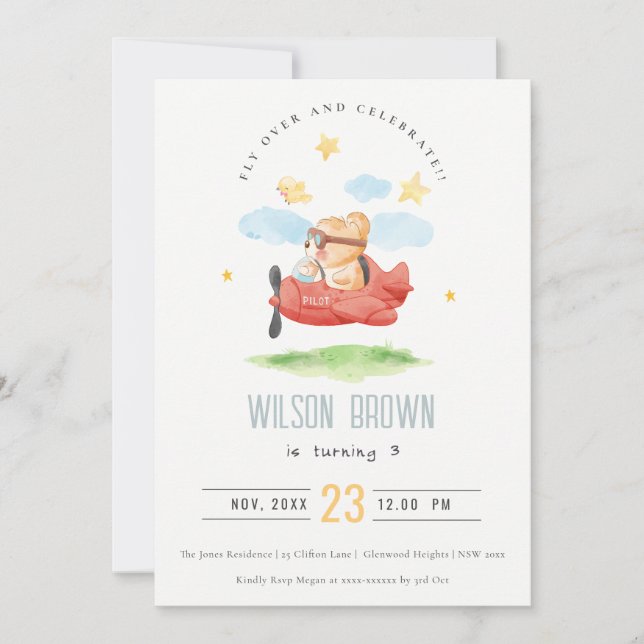 Invitation Mignonne volez au-dessus de l'ours en peluche Anim (Devant)