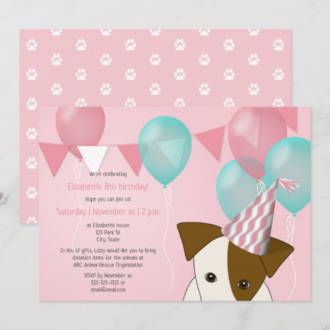 Invitation mignonnes filles chiot fête d'anniversaire rose ba (Devant / Derrière)