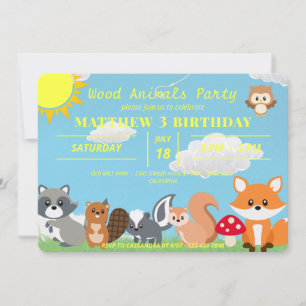 Invitation Mignons Animaux de bois Jaune Soleil Blanc Nuages