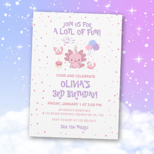 Invitation Mignons Axolotls Doux Enfants Étoiles Roses Annive
