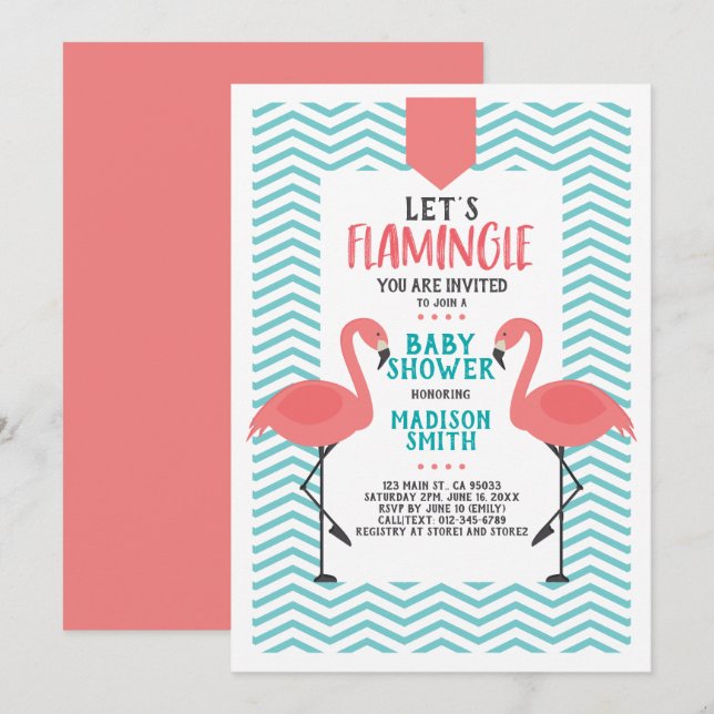 Invitation Mignons Flamants roses Tropical Flamingle Baby sho (Devant / Derrière)