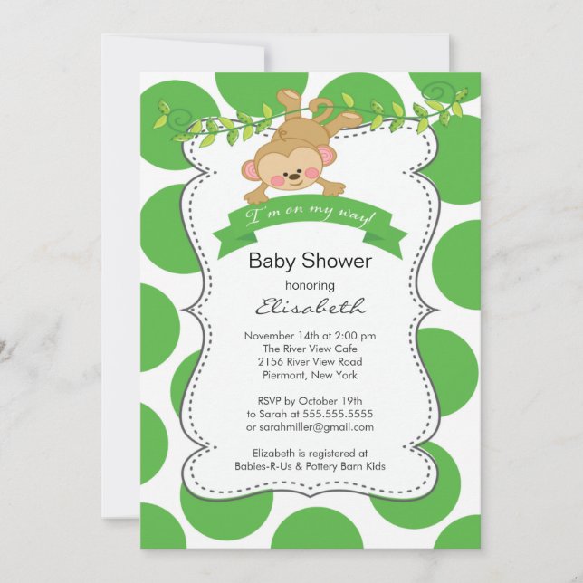Invitation Mignons Pois singe Baby shower neutre genre (Devant)