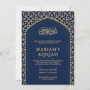 Invitation Mihrab Islamique Or Bleu Élégant Aqiqah