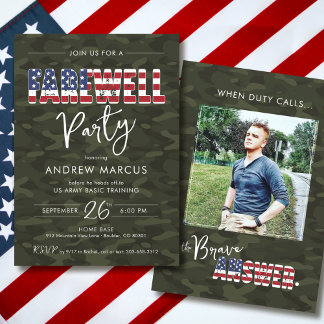 Invitation Military Camo American Flag Photo Farewell Party
