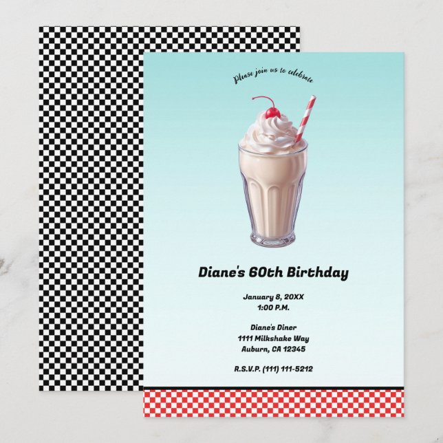 Invitation Milkshake de glace de diner rétro Fête d'anniversa (Devant / Derrière)