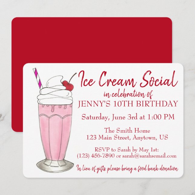 Invitation Milkshake rose Crème de glace Social Anniversaire (Devant / Derrière)