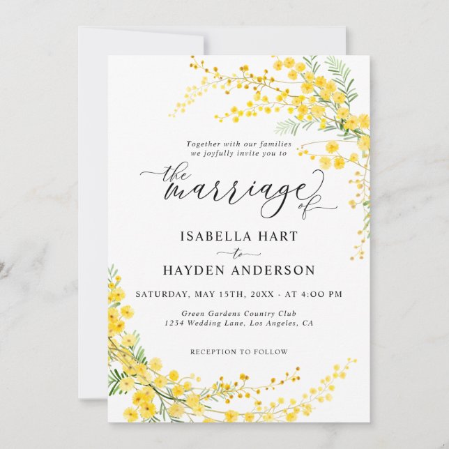 Invitation Mimosa Jaune Vague Argent Fleur Printemps Mariage (Devant)
