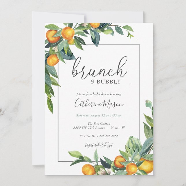 Invitation Mimosa Orange Brunch et Fête des mariées Bubbly (Devant)