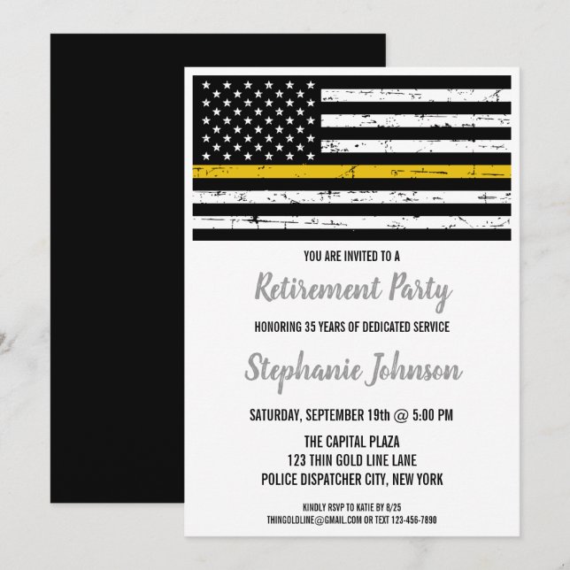 Invitation Mince Gold Line Police Dispatcher Retraite Party (Devant / Derrière)