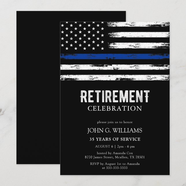 Invitation Mince Ligne Bleue Police Officier Cop Retraite (Devant / Derrière)