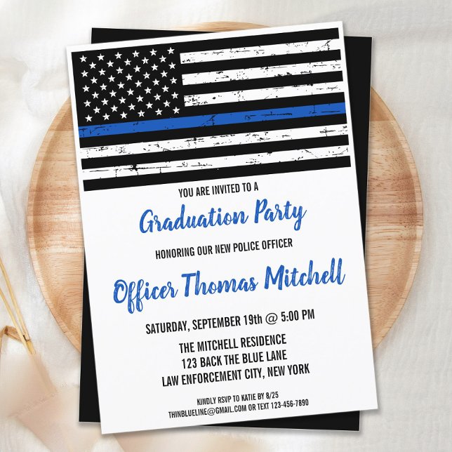 Invitation Mince Ligne Bleue Police Officier Parti de Graduat (Créateur téléchargé)