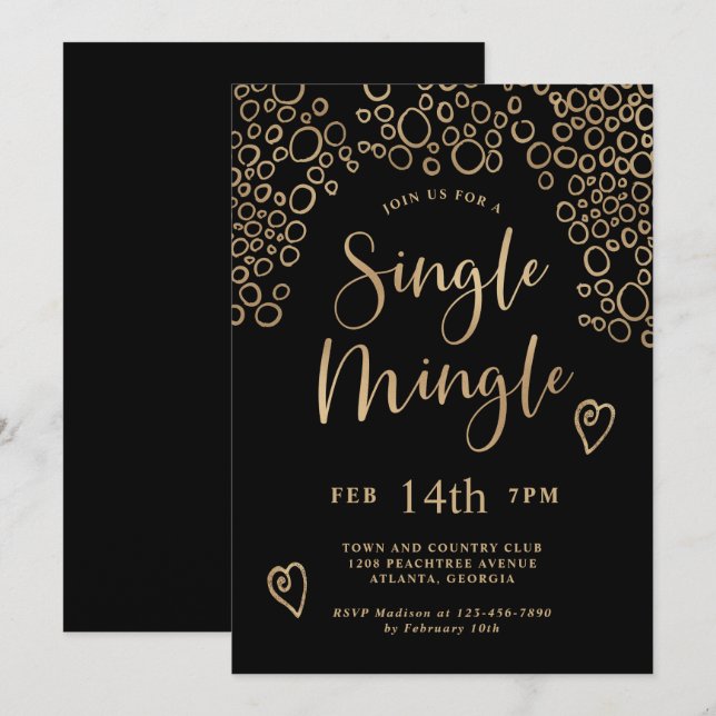 Invitation Mingle unique Valentine Party Noir et or (Devant / Derrière)