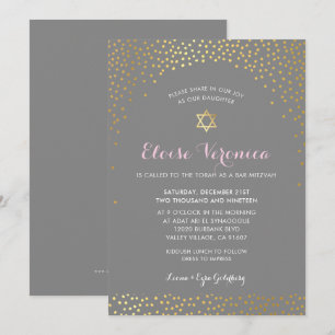 Invitation Mini confetti tache or gris BAT MITZVAH