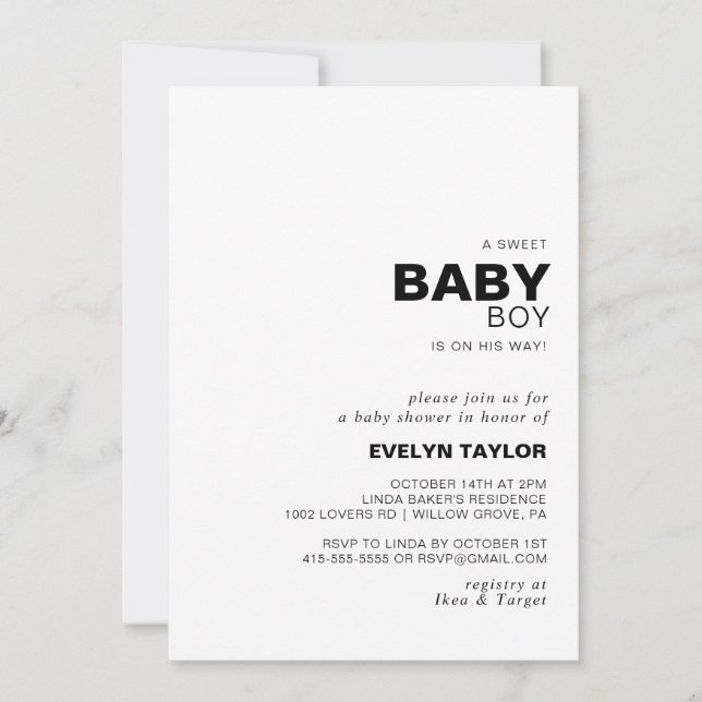 Invitation Mini Elegant Formal Baby Boy douche (Devant)