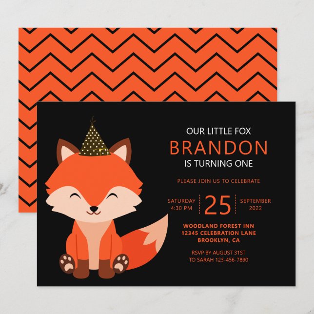 Invitation Mini mignon Petit Fox Zigzag Noir Anniversaire (Devant / Derrière)