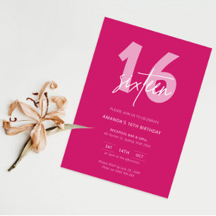 Invitation Mini moderne Hot rose 16e fête d'anniversaire