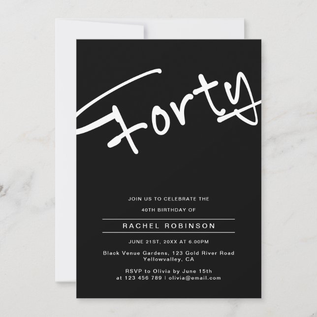 Invitation Mini Noir Adulte Quarante Anniversaire Fête de 40e (Devant)