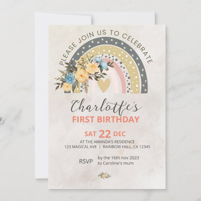 Invitation Mini Pompas Grass Retro Rainbow Boho Anniversaire (Devant)