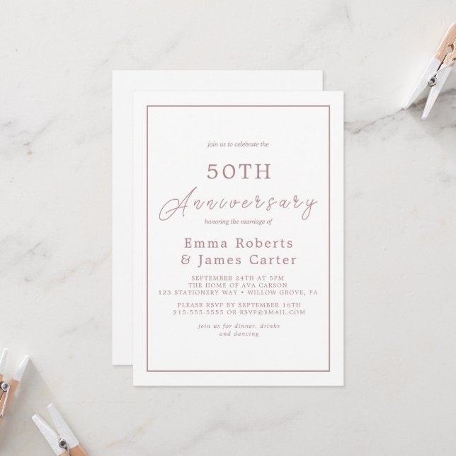 Invitation Mini-Rose Gold 50e anniversaire Mariage (Devant/Arrière en situation)