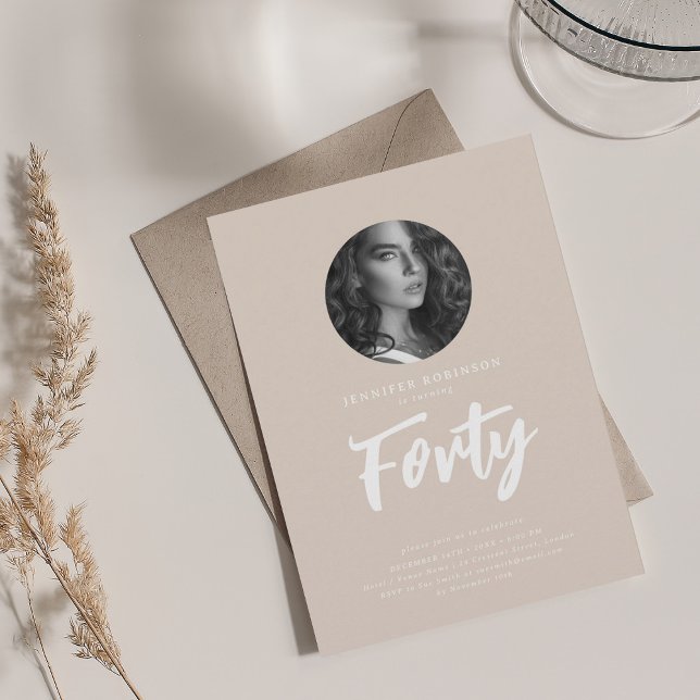 Invitation Mini-script photo Champagne de fête d'anniversaire (Minimal Script Photo 40th Birthday Party Champagne Invitation)