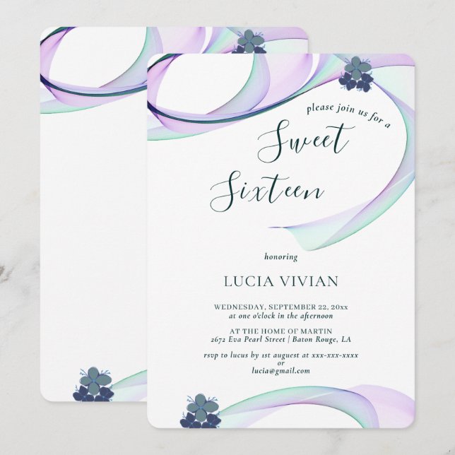 Invitation Mini Sweet sixteen Floral Purple Moderne (Devant / Derrière)