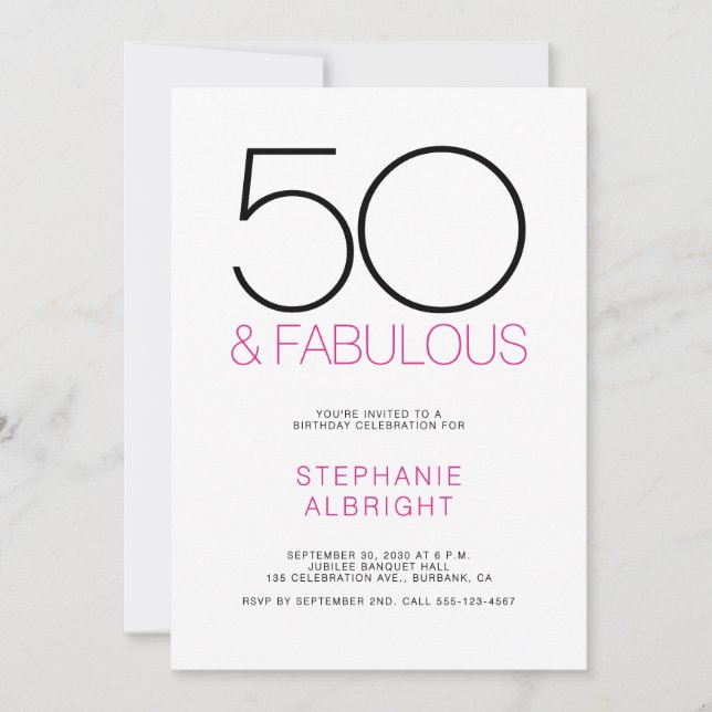 Invitation Minimal 50 and Fabulous Pink 50th Birthday Party (Devant)