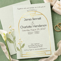 Invitation Minimal Art Nouveau Arche en Or Lys Sauge Mariage