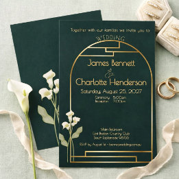 Invitation Minimal Art Nouveau Gold Arch Lily Green Wedding