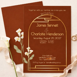 Invitation Minimal Art Nouveau Gold Arch Lily Rust Wedding