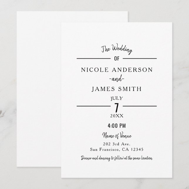 Invitation Minimal blanc pur classique Mariage simple (Devant / Derrière)
