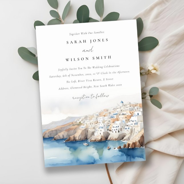 Invitation Minimal chic Santorini Grèce Mariage aquarelle (Créateur téléchargé)