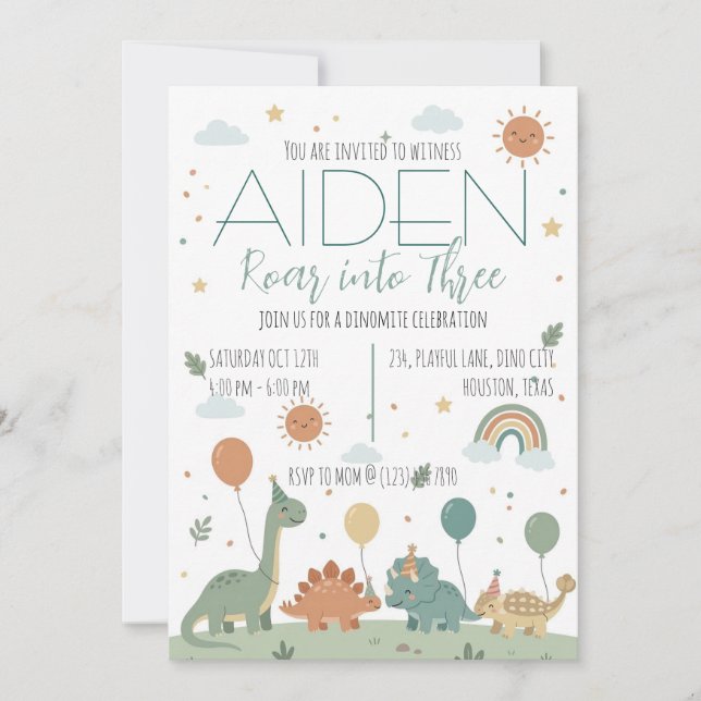 Invitation Minimal Dinosaur 3rd Birthday Party Neutral Boho (Devant)