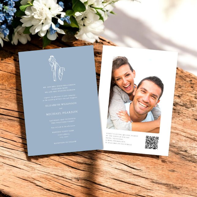 Invitation Minimal Dusty Blue Formal code qr site mariage (minimalistic dusty blue photo qr code for wedding website all in one i wedding nvitation)