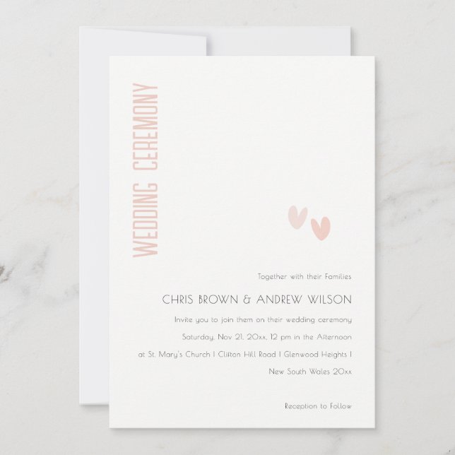 Invitation Minimal Élégant Pastel Dusky Pink Hearts Mariage (Devant)