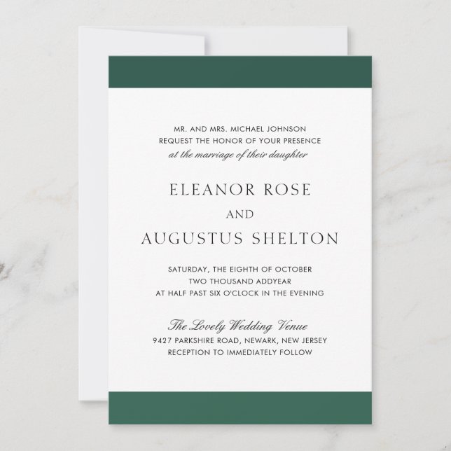 Invitation Minimal Emerald Green Élégant Mariage moderne (Devant)