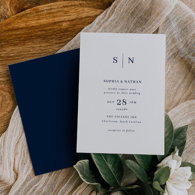 Invitation Minimal et chic | Blanc avec Mariage bleu marine (Créateur téléchargé)