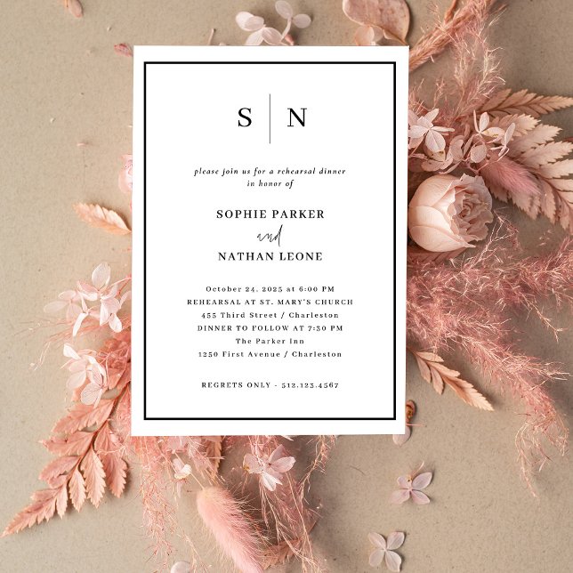 Invitation Minimal et chic | Dîner de répétition élégant (This modern and chic, black and white wedding rehearsal dinner invitation features your monogram)