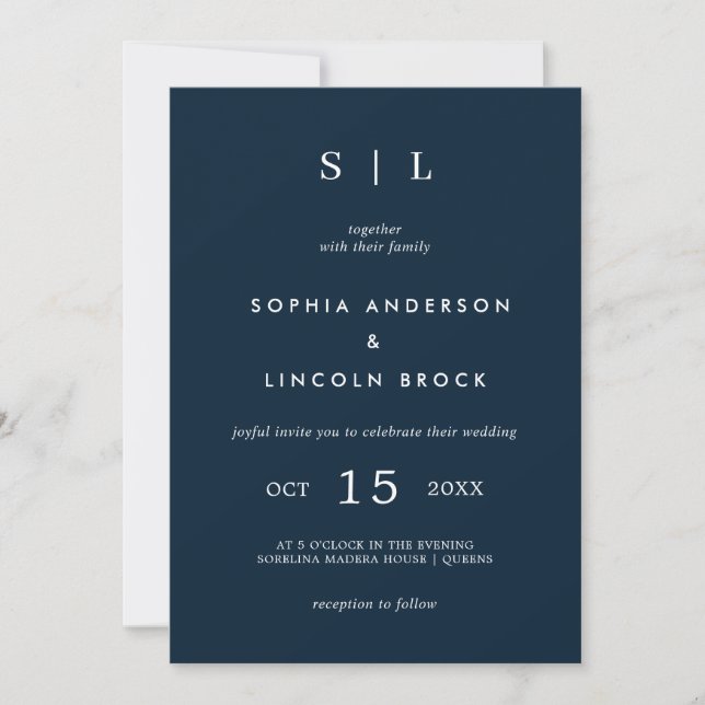 Invitation Minimal et chic | Monogram Marine Bleu et Blanc (Devant)