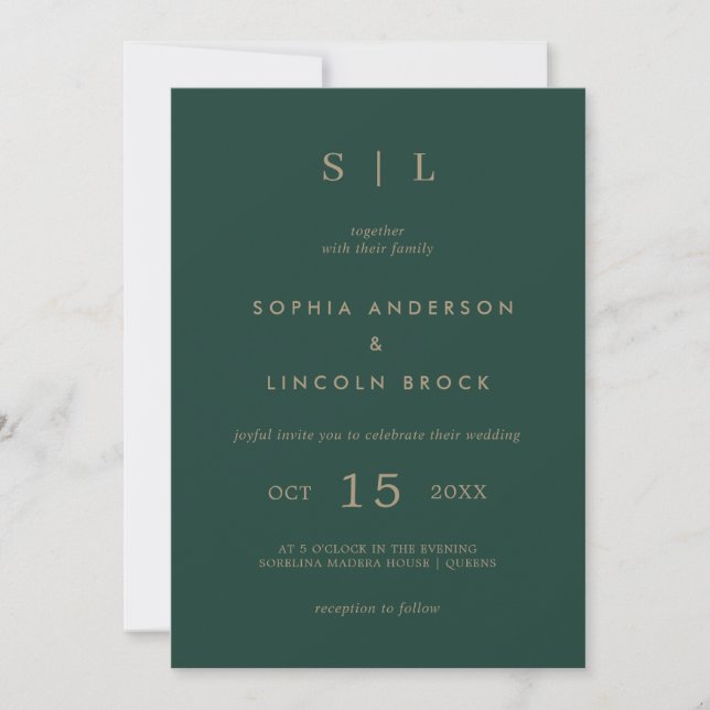 Invitation Minimal et chic | Monogramme Emerald Green et Gold (Devant)