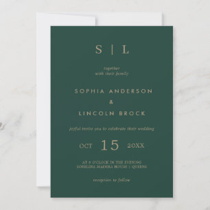 Invitation Minimal et chic   Monogramme Emerald Green et Gold