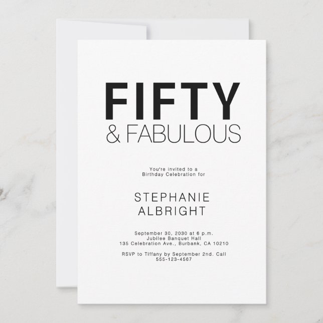 Invitation Minimal Fifty and Fabulous 50th Birthday Party (Devant)