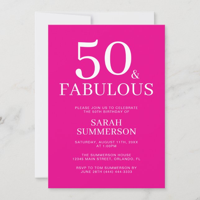 Invitation Minimal Fifty Fabulous Pink 50th Birthday Party (Devant)