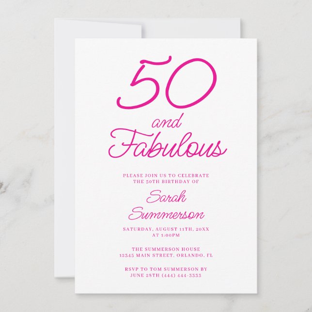 Invitation Minimal Fifty Fabulous Pink 50th Birthday Party (Devant)