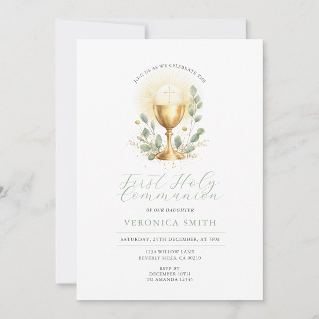 Invitation Minimal First Holy Communion Gold Chalice Cross (Devant)